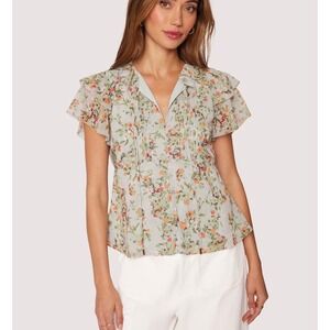 NEW Lost + Wonder Elysian Green Floral Top Peter Pan Collar Pintuck Chiffon Smll